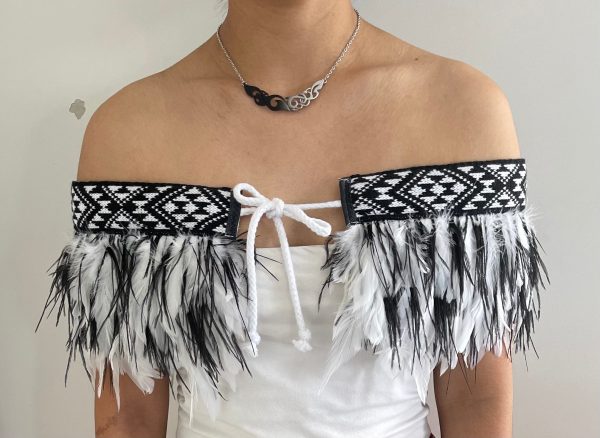 Black and white Feathered Maori Cape For Cheap