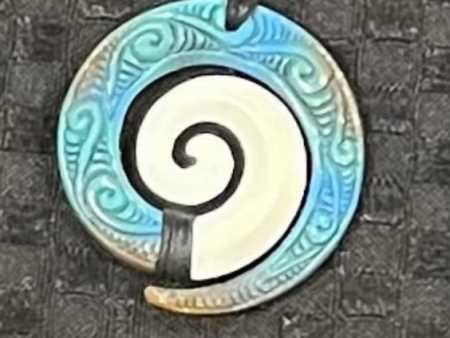 Blue Koru Wood - Bone Painted Pendant For Sale